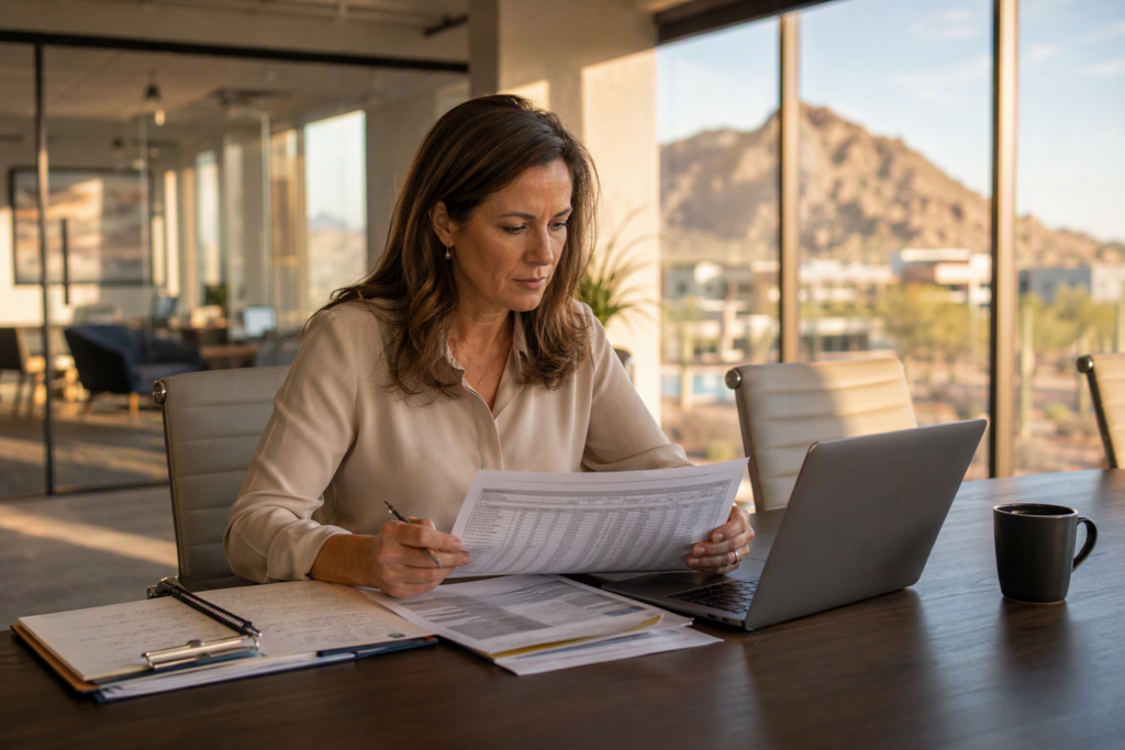 Building manager reviewing elevator maintenance budget documents and inspection reports at a Scottsdale commercial property office during fiscal year planning