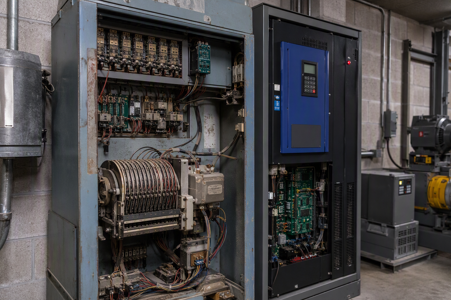 Aging elevator controller cabinet beside a modern replacement unit in a Phoenix AZ machine room, illustrating equipment age impact on 2027 elevator repair and modernization budgets