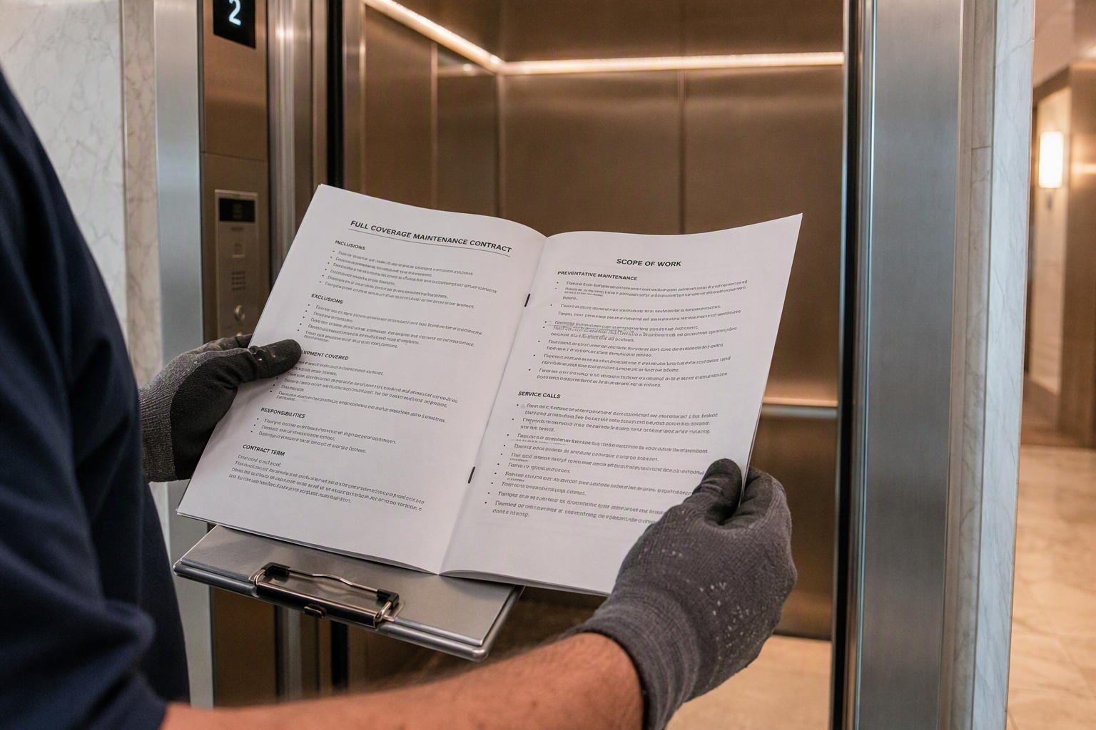 Elevator technician reviewing a full-coverage maintenance contract in a modernized elevator cab in a Scottsdale AZ commercial building
