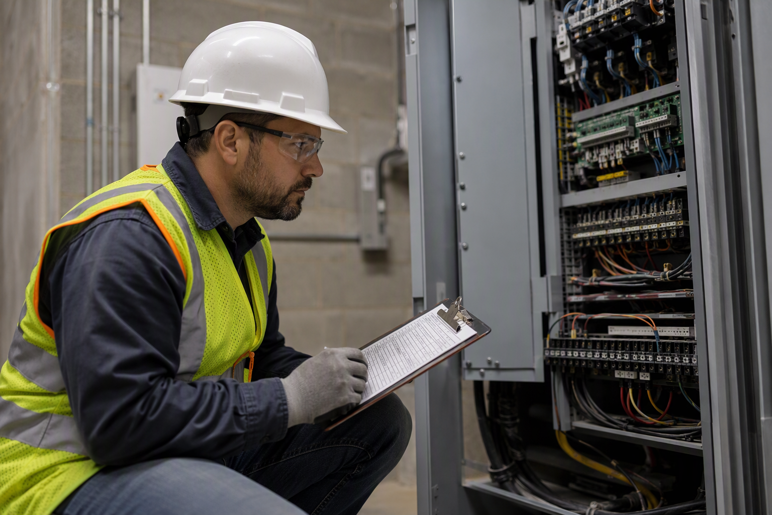 Elevator inspector reviewing ADOSH compliance checklist at a traction elevator machine-room controller in an Arizona school or university building.