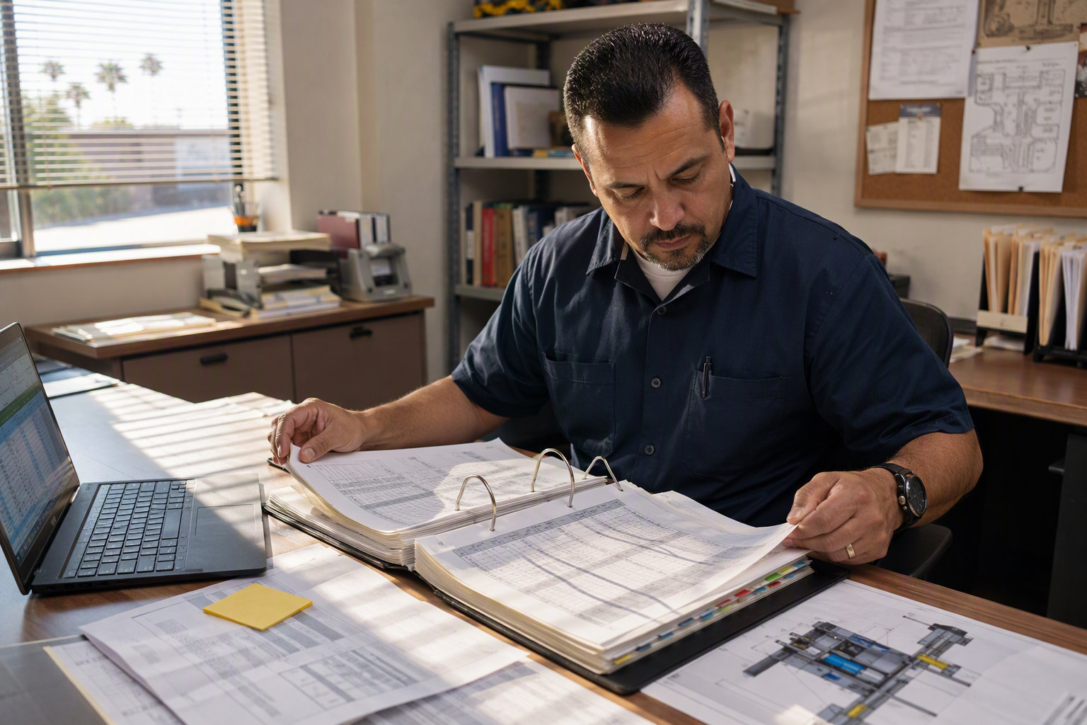 Arizona school facilities manager reviewing elevator maintenance logs and inspection scheduling records to meet ADOSH and ASME A17.3 compliance requirements.