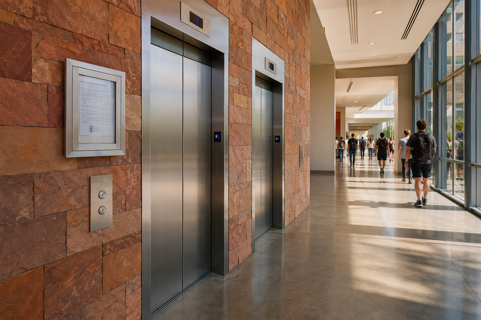 University elevator lobby in Arizona showing ADA-compliant call buttons, stainless steel cab doors, and a posted ADOSH certificate of operation required for school elevator compliance.