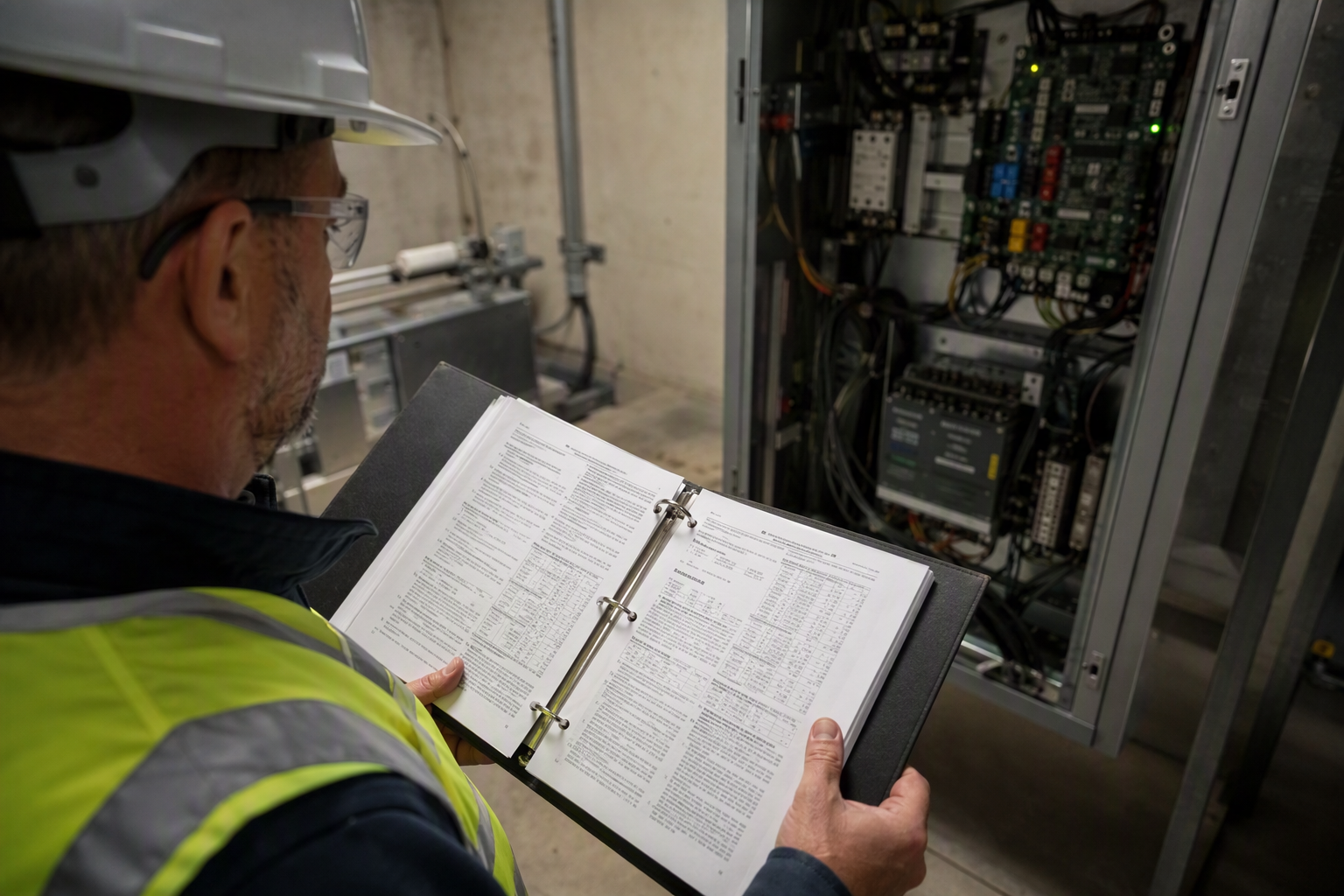 Elevator inspector reviewing ASME A17.1 code compliance documentation in a machine room, relevant to Arizona elevator capacity and speed code requirements.