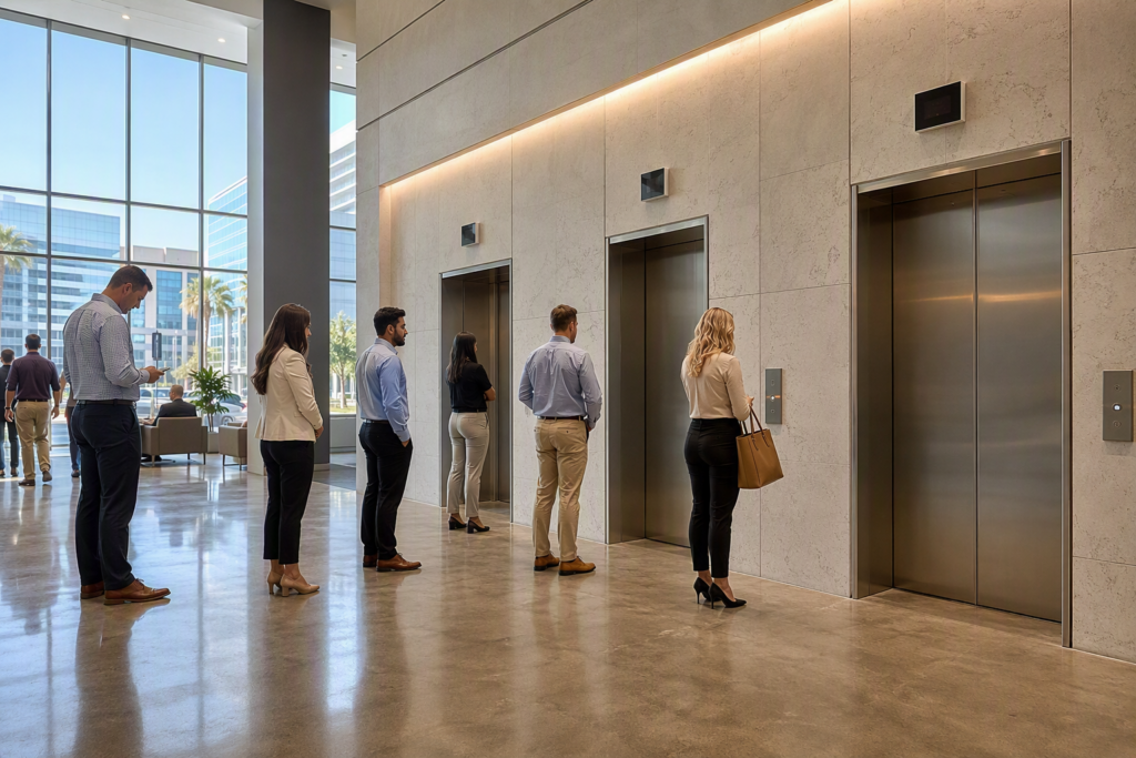 Bank of three elevator doors in a Phoenix AZ commercial office lobby during peak hour, illustrating how many elevators a building needs based on occupant load.