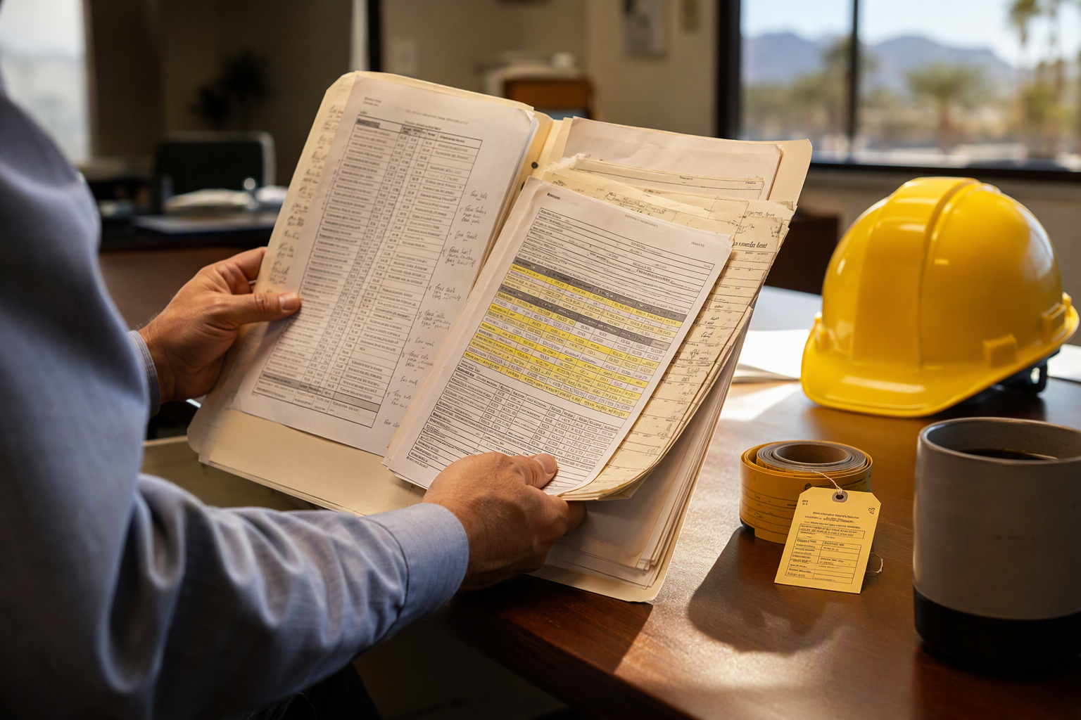 Building Manager Reviewing Elevator Service Records Facility manager reviewing commercial elevator repair cost records and inspection logs in a Scottsdale AZ office, a key step in assessing elevator end-of-life replacement needs.