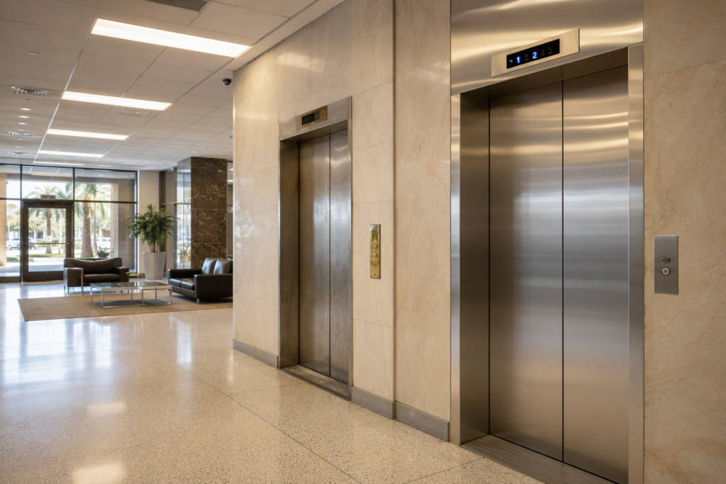 Aging commercial elevator with worn panels beside a modernized elevator in a Phoenix AZ office lobby, illustrating end-of-life replacement decision for building owners.