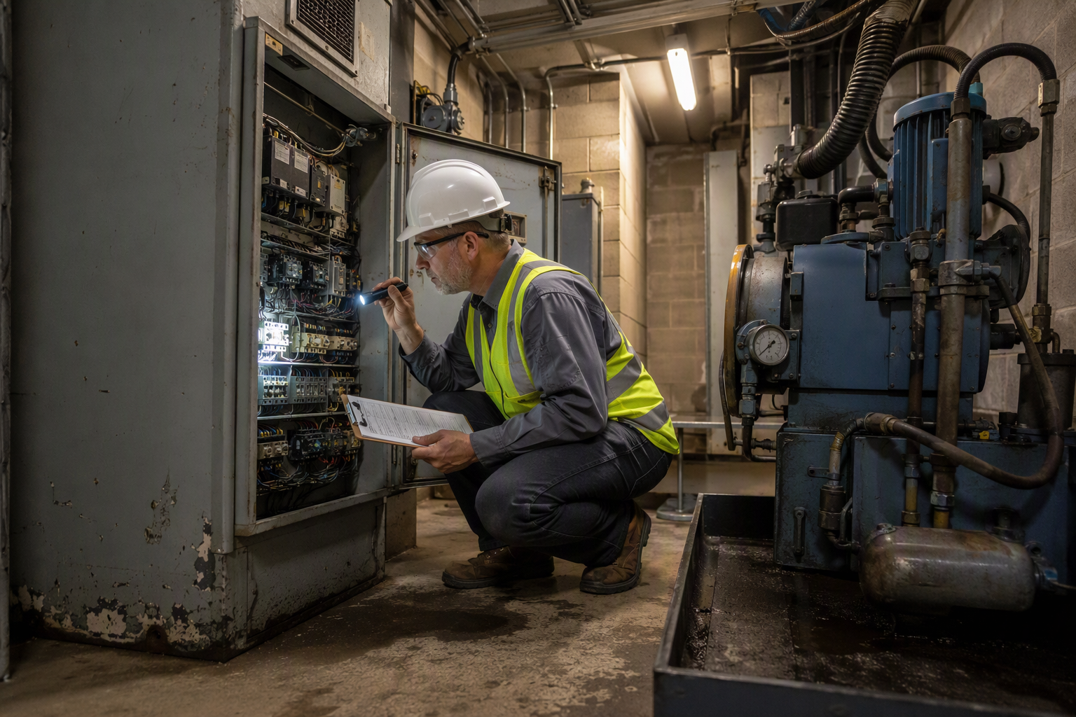 Inspector Evaluating Aging Elevator Controller in Machine Room Elevator inspector examining aging hydraulic controller components in a machine room during a commercial elevator end-of-life compliance assessment in Arizona.