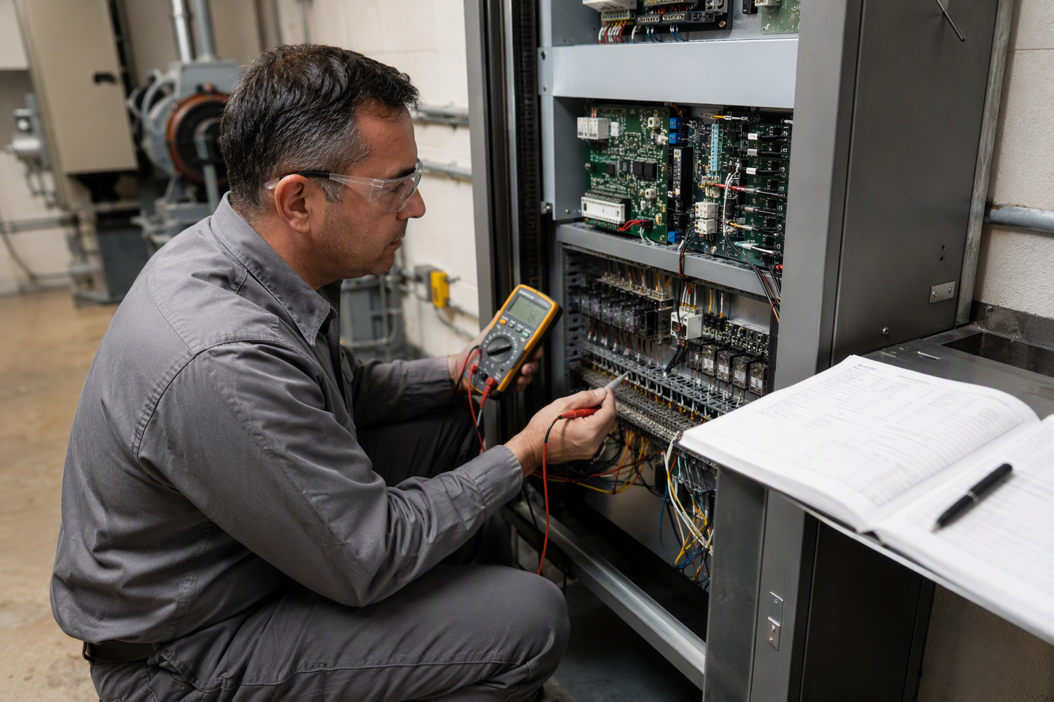 Elevator technician inspecting controller cabinet during preventive maintenance visit included in a full-coverage elevator service contract at an Arizona healthcare facility