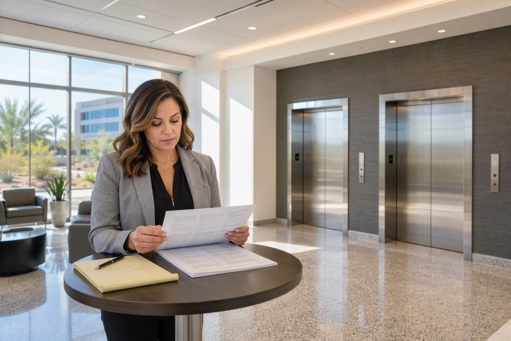 Healthcare facility manager comparing elevator maintenance contracts in a Phoenix Arizona hospital lobby with stainless-steel elevator doors in the background