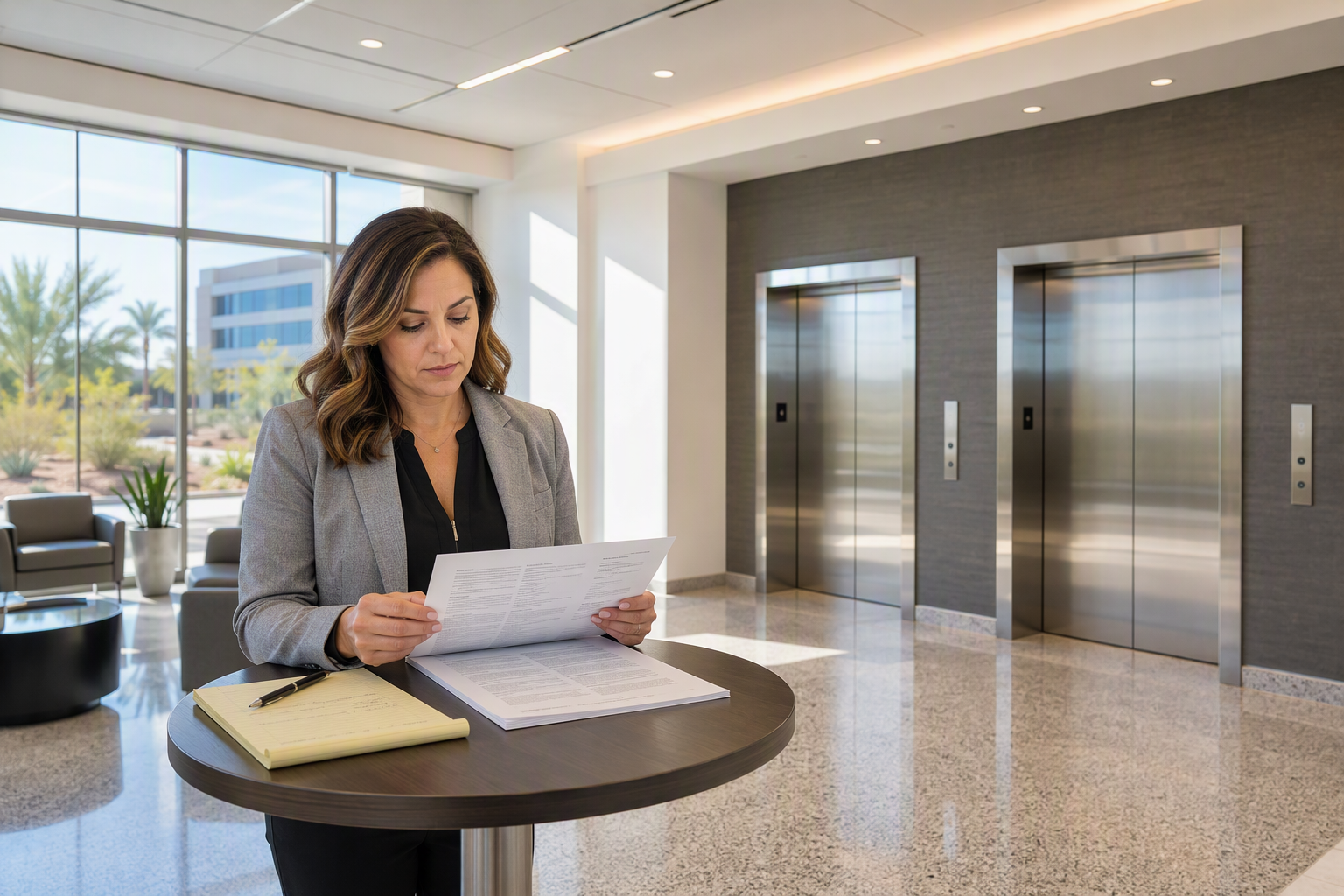 Healthcare facility manager comparing elevator maintenance contracts in a Phoenix Arizona hospital lobby with stainless-steel elevator doors in the background