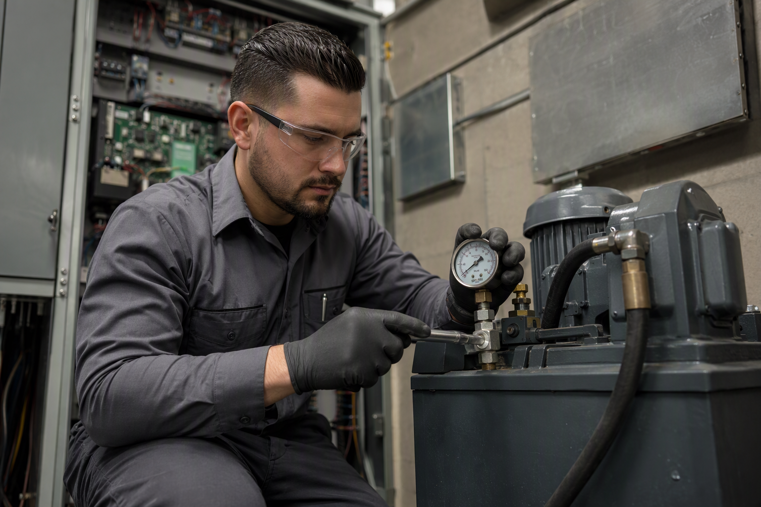 Elevator technician servicing a hydraulic power unit in a commercial building machine room in Phoenix AZ during a preventive maintenance visit
