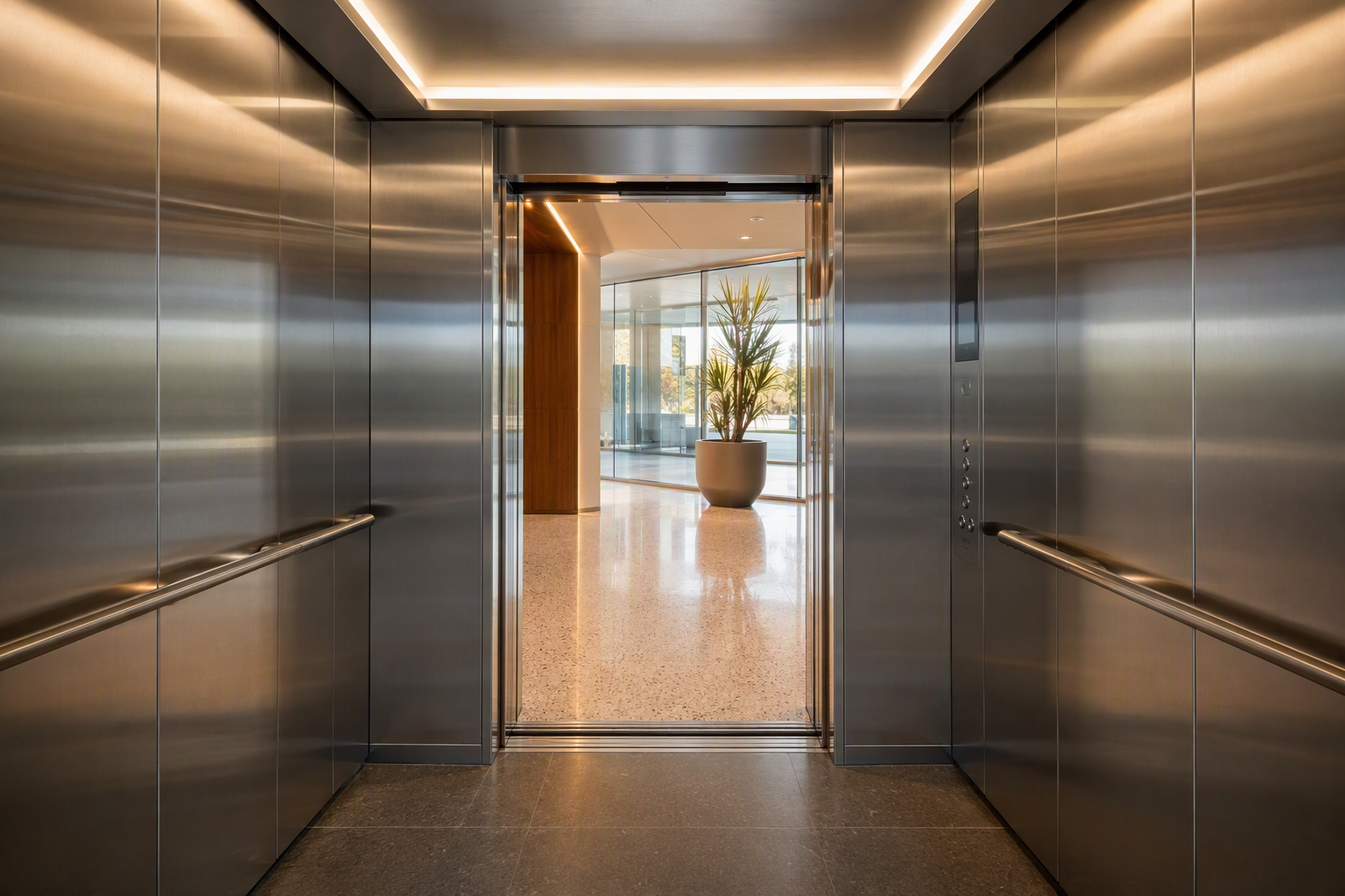 Interior of a modernized elevator cab with stainless steel panels and LED lighting in a Scottsdale AZ commercial office building, showing equipment covered under a full maintenance contract