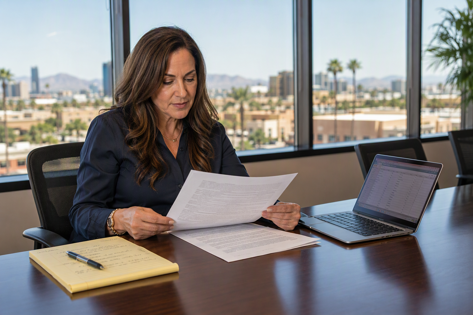 Building manager reviewing an annual elevator maintenance contract at a Phoenix AZ office, comparing full-coverage and basic plan documents side by side