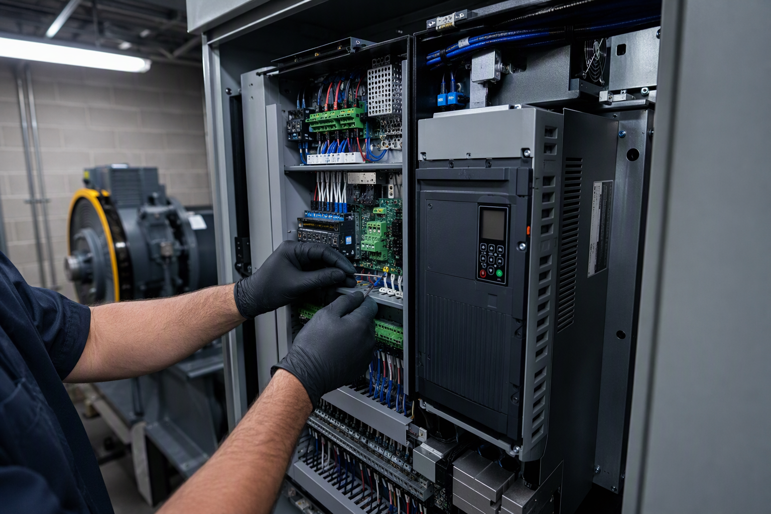 New elevator controller cabinet with variable-frequency drive in an Arizona machine room, a primary cost factor in elevator modernization pricing for Phoenix and Scottsdale buildings