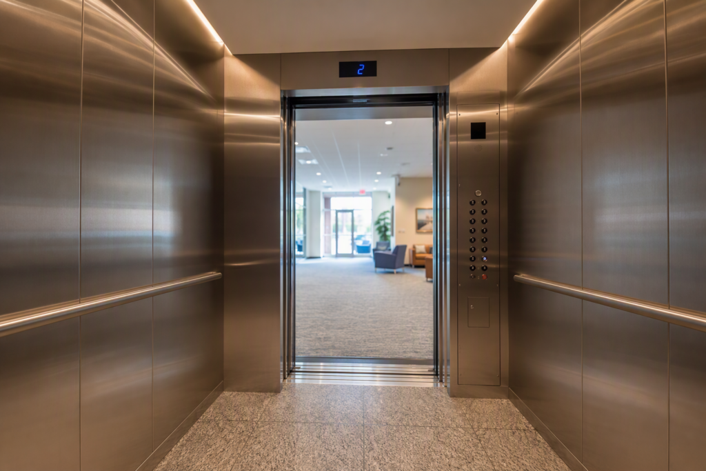 Modernized elevator cab interior in a Phoenix Arizona commercial office building featuring brushed stainless panels, LED lighting, and new flooring after full elevator modernization