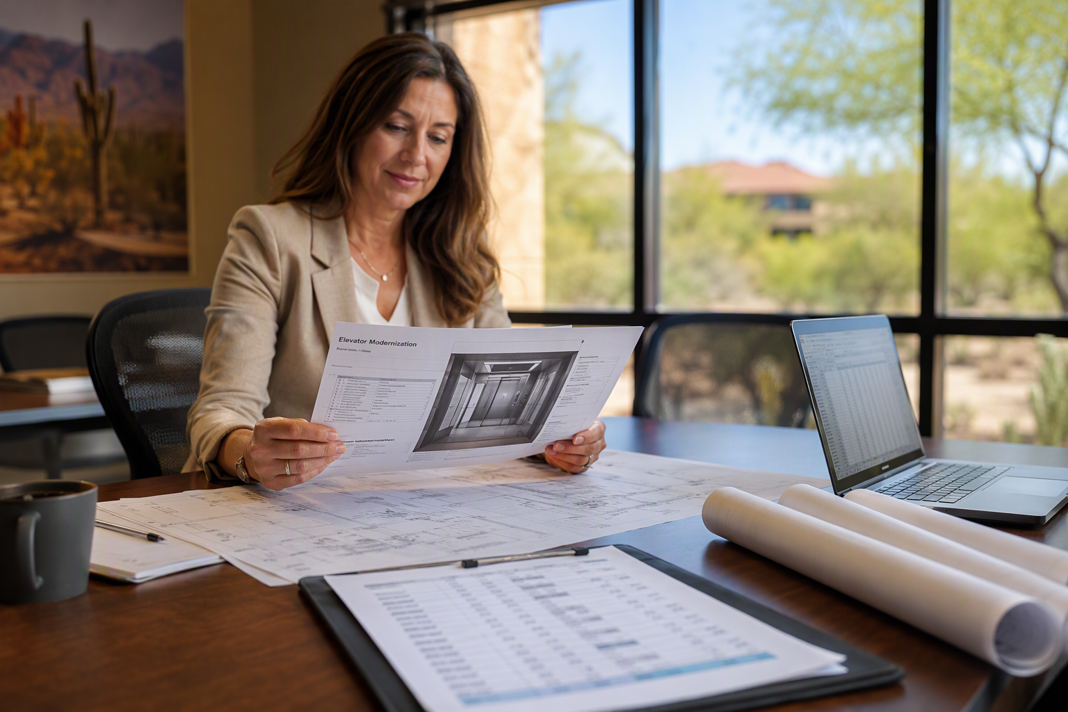 Building manager reviewing elevator modernization cost proposal and blueprints in a Tucson Arizona property management office to plan partial versus full elevator upgrade scope