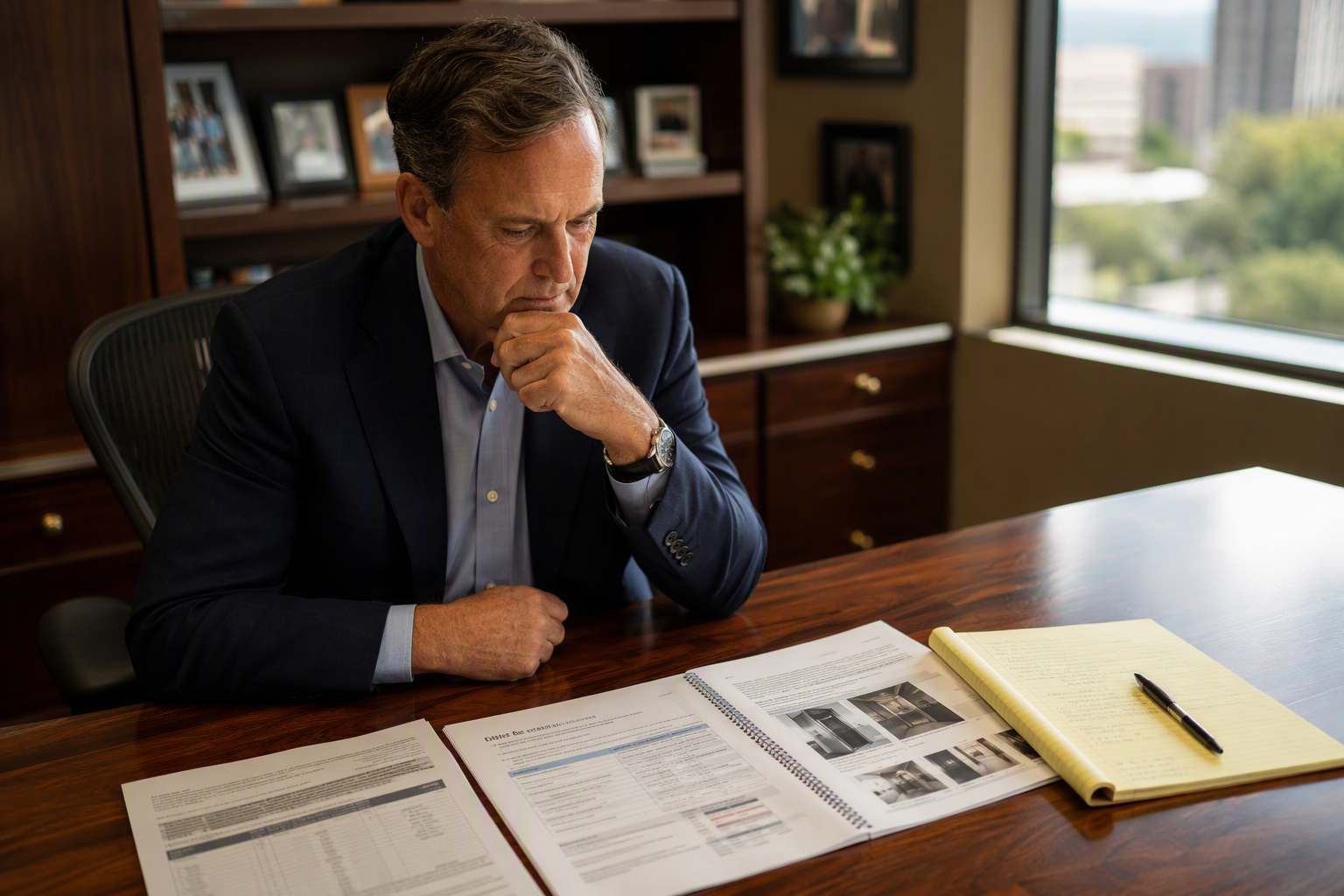 Building owner reviewing federal tax incentive paperwork including Section 179D deduction documents and elevator modernization cost proposal at a desk in Scottsdale AZ