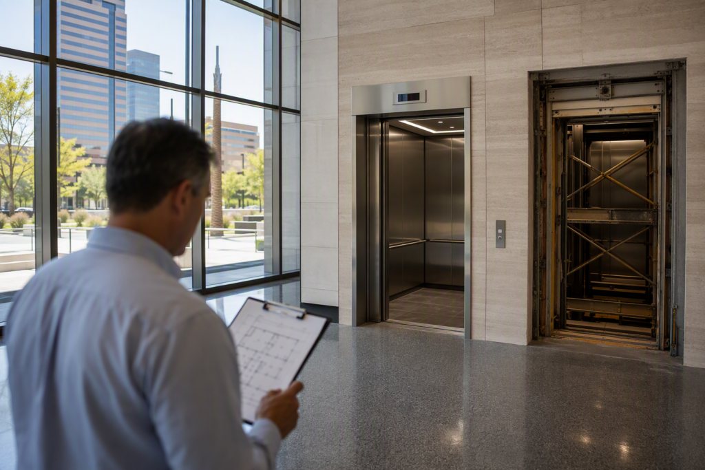 Commercial building lobby in Phoenix AZ showing a modernized elevator cab with new LED lighting and stainless finishes next to an elevator undergoing upgrade renovation