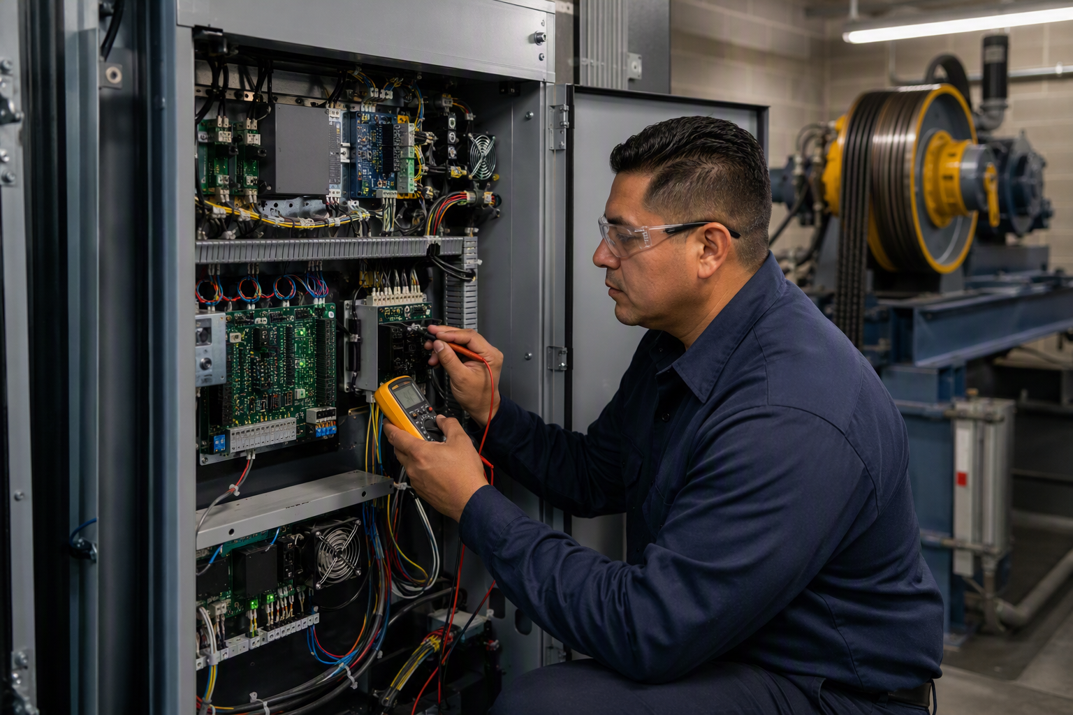 Elevator technician inspecting a newly installed solid-state drive controller in a commercial building machine room in Arizona as part of an ASME-compliant modernization project