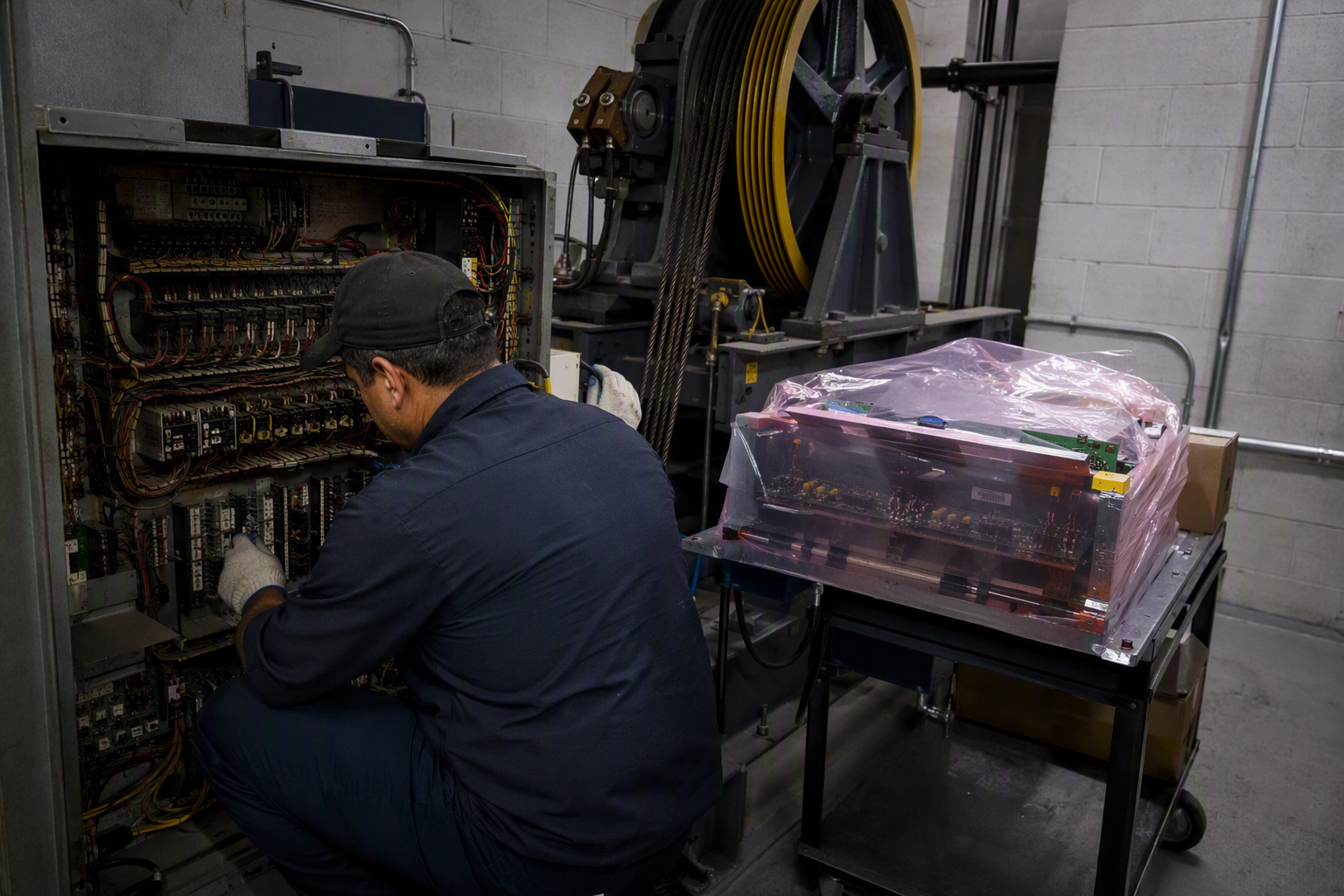 Elevator mechanic replacing an aging controller with a new microprocessor unit inside a commercial building machine room during a phased elevator modernization project