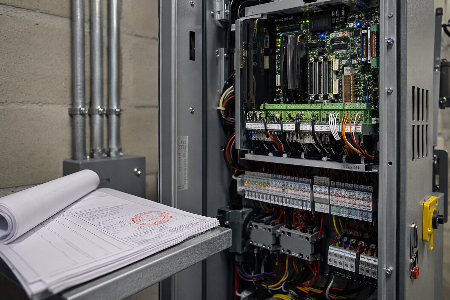 Elevator Controller Installation and Permitting Phase New elevator controller cabinet and stamped engineering permit drawings inside a commercial machine room during the permitting phase of an elevator modernization project in Arizona.