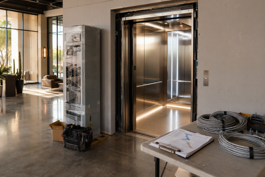 Elevator modernization project in progress inside a Phoenix AZ commercial office building lobby, showing open hoistway with newly installed cab panels and controller equipment staged nearby.