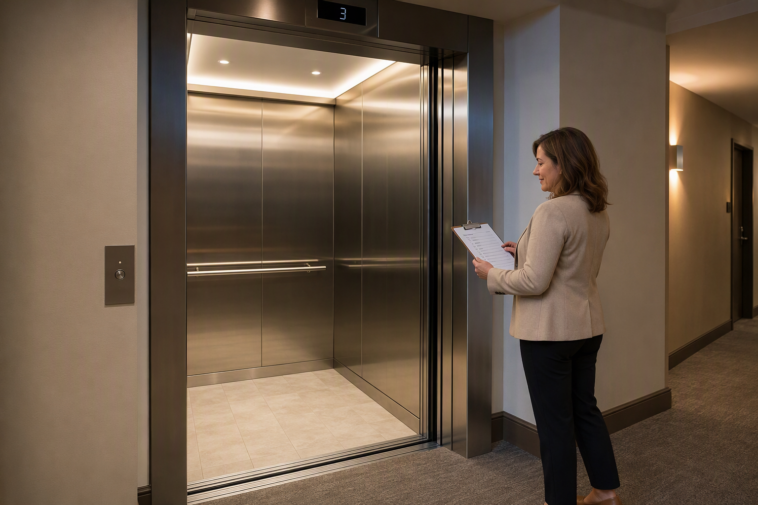 Final Elevator Inspection Acceptance – Scottsdale AZ Property manager reviewing final inspection checklist outside a modernized elevator cab in a Scottsdale AZ apartment building, showing updated stainless steel interior and new LED fixtures.