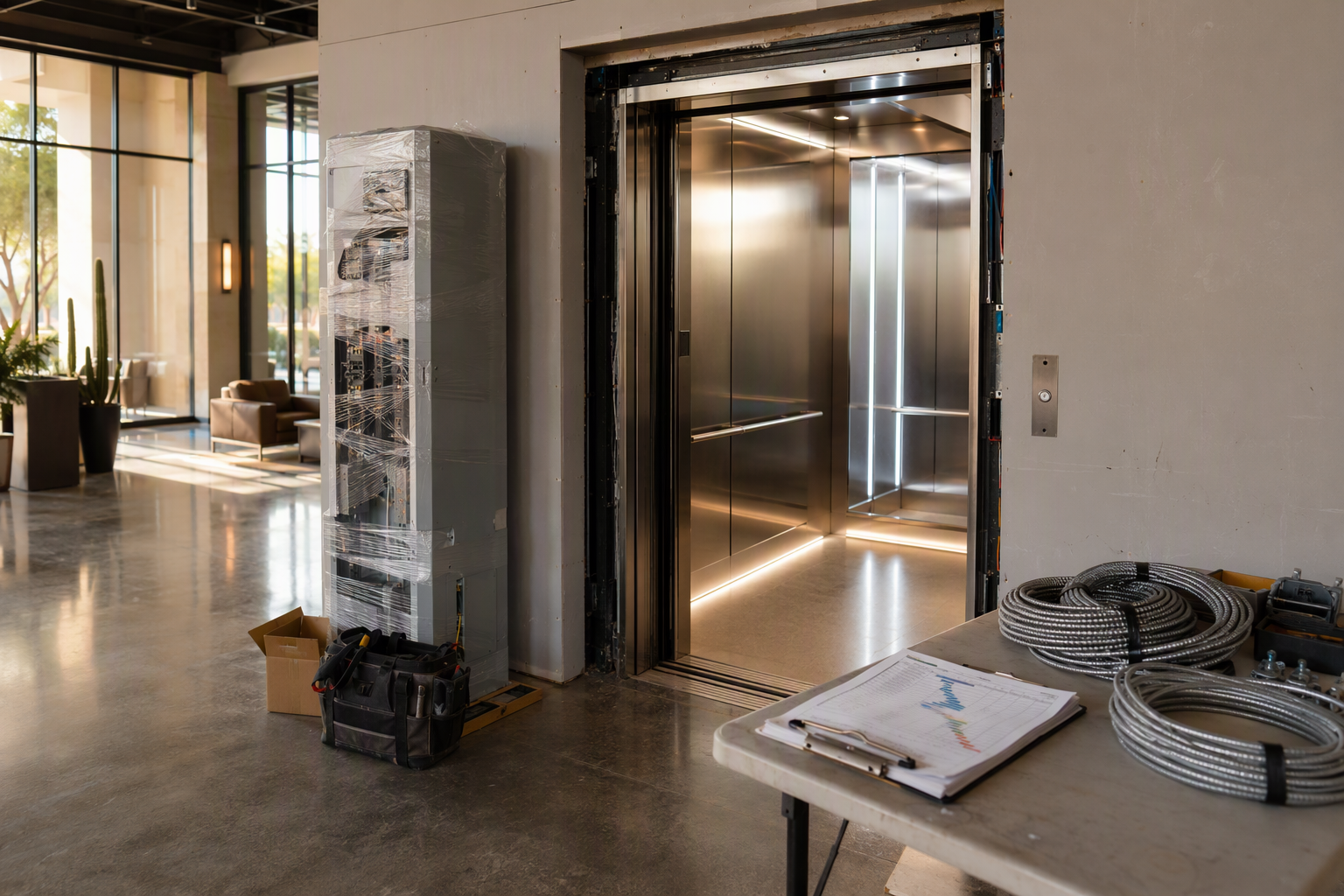 Elevator Modernization Project in Progress – Phoenix AZ Elevator modernization project in progress inside a Phoenix AZ commercial office building lobby, showing open hoistway with newly installed cab panels and controller equipment staged nearby.