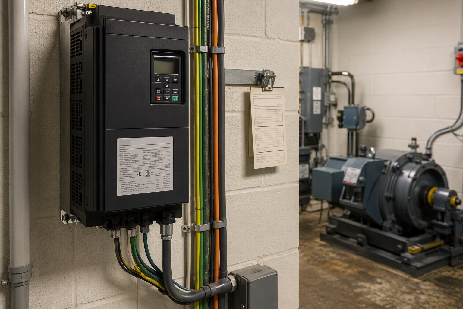 New elevator controller and drive system installed in a Scottsdale commercial building machine room, with permit inspection card and organized wiring conduit.