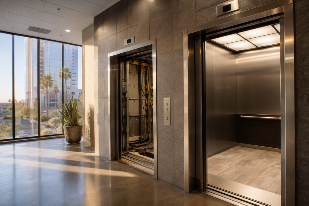 Phoenix AZ commercial elevator lobby showing modernization project in progress, with one cab disassembled and another displaying a newly completed modern interior.