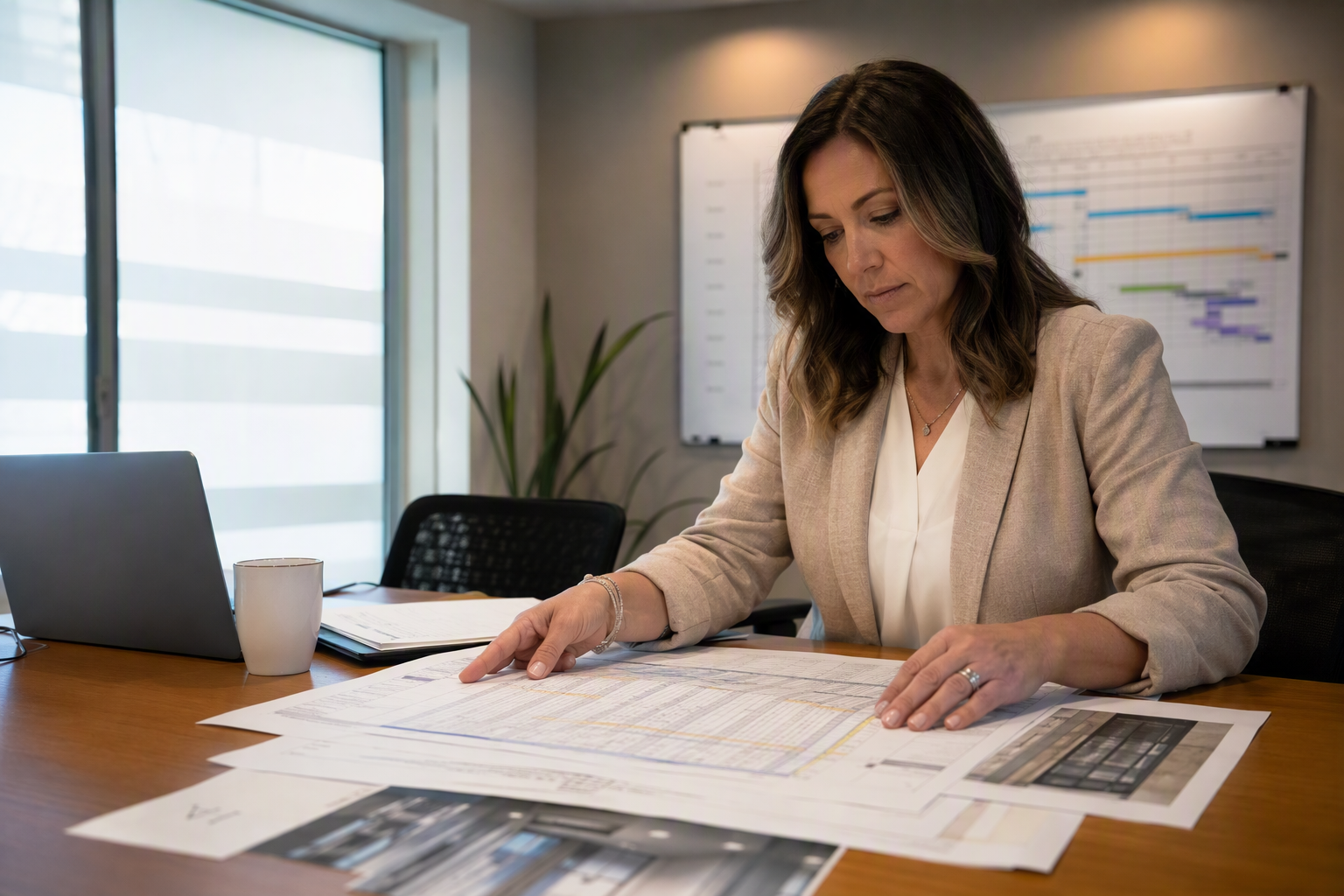 Facility manager reviewing elevator modernization project timeline documents and permit paperwork at a Mesa AZ property management office.