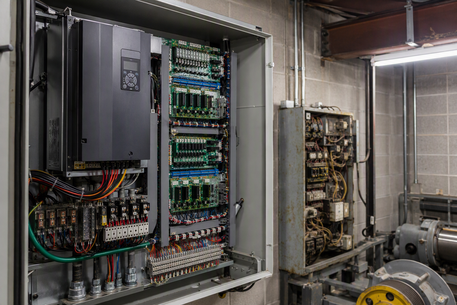 Elevator machine room in an Arizona building showing a modern variable-frequency drive controller alongside an outdated relay-based panel, representing a key modernization qualification indicator