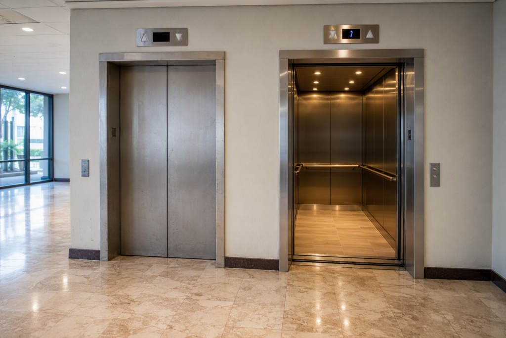 Side-by-side view of an aging elevator and a modernized elevator in a Phoenix AZ commercial building, illustrating the difference between modernization and full replacement