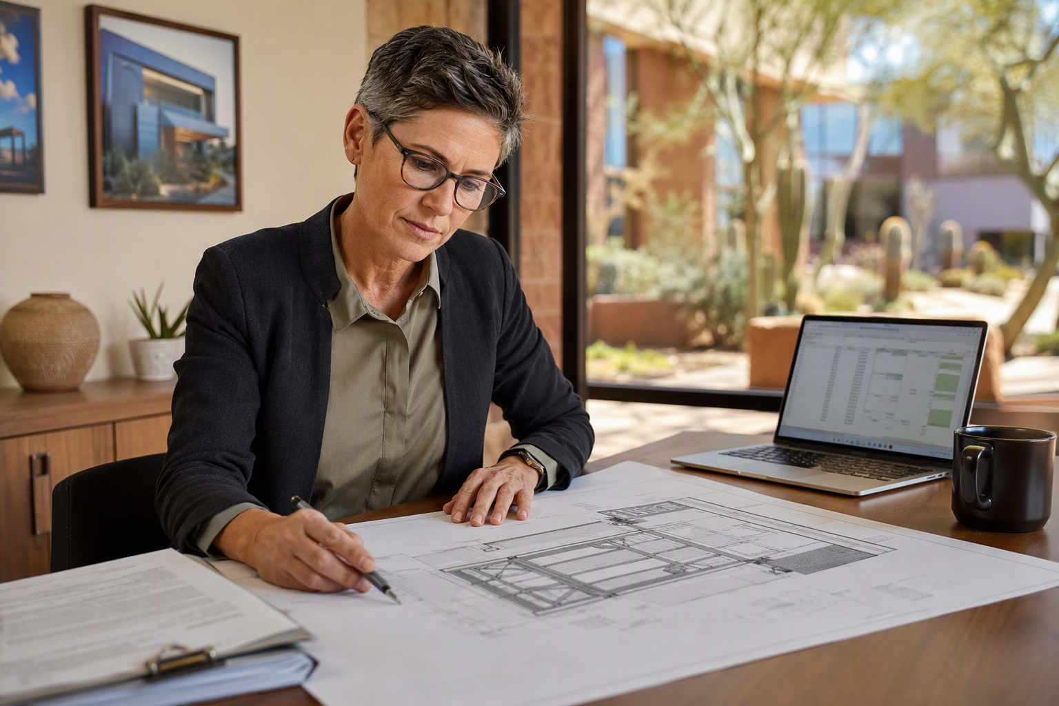 Facilities manager in a Scottsdale AZ office reviewing elevator hoistway drawings and inspection reports to determine whether modernization or full replacement is needed
