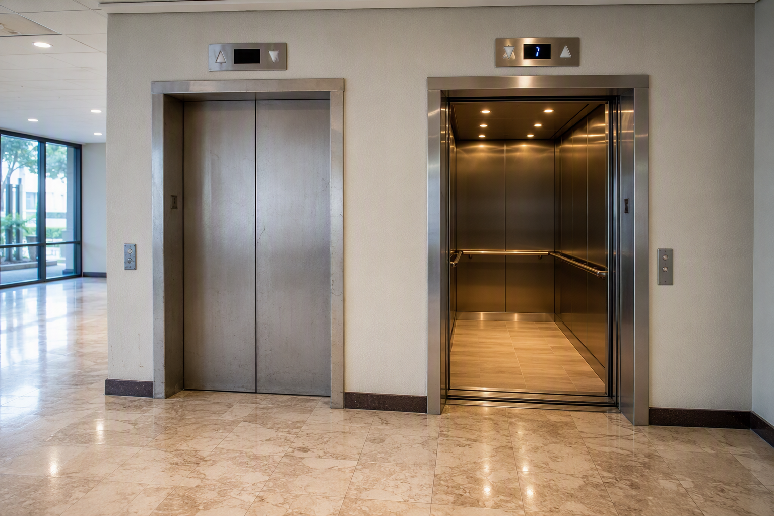 Side-by-side view of an aging elevator and a modernized elevator in a Phoenix AZ commercial building, illustrating the difference between modernization and full replacement