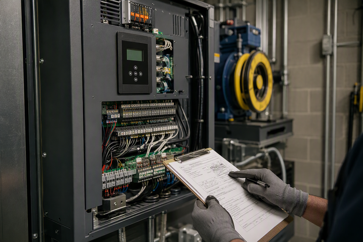 Licensed elevator technician reviewing a permit document beside a newly installed elevator controller in a Tucson AZ machine room, illustrating permit requirements for controller replacement.