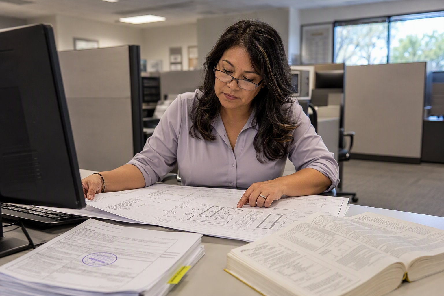 Building official reviewing elevator modernization permit drawings at a Phoenix AZ Authority Having Jurisdiction office, showing the AHJ approval process for elevator upgrades.