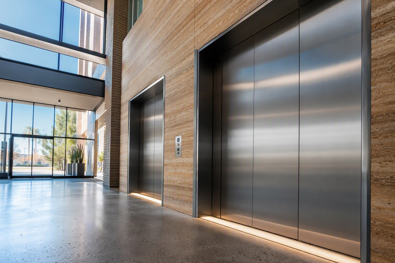 Modernized elevator bank with brushed stainless steel doors in a Phoenix AZ commercial office building lobby, representing elevator upgrades requiring a building permit.