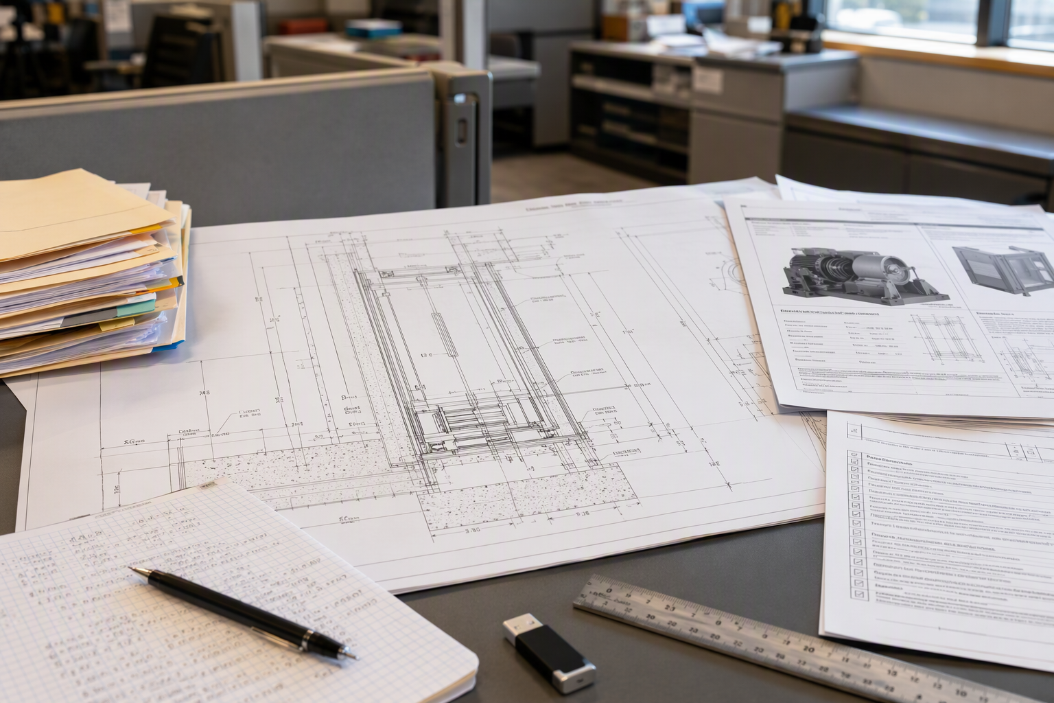 Elevator permit application package with engineered construction drawings, load calculations, and ADA compliance documents required for Phoenix and Tucson permit submission