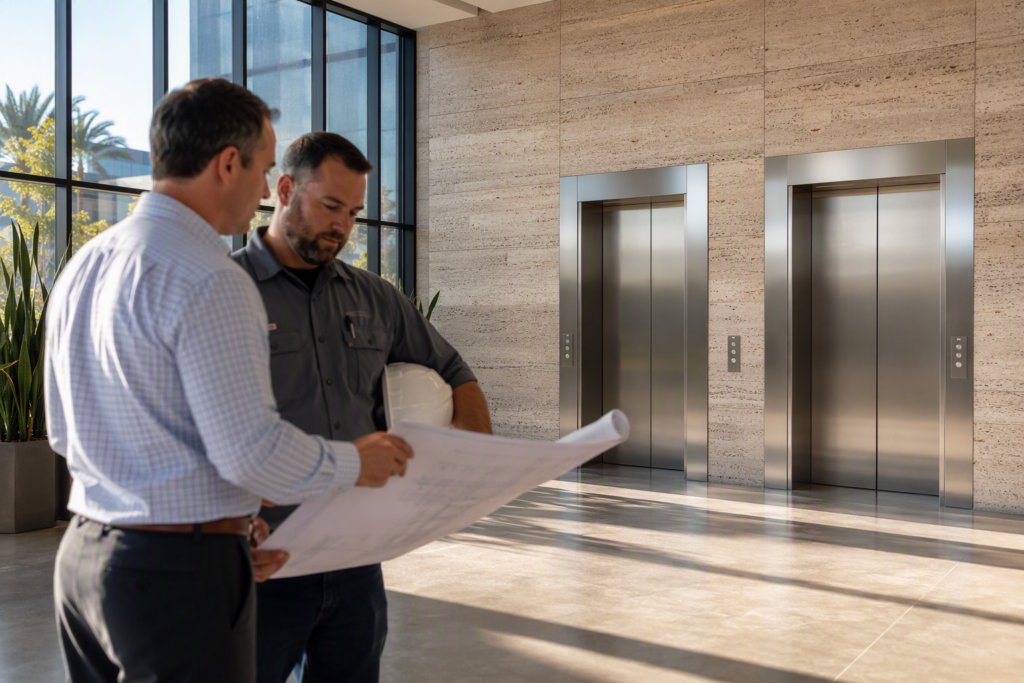 Building manager and elevator contractor reviewing permit drawings in a Phoenix commercial lobby before a new elevator installation approval process begins