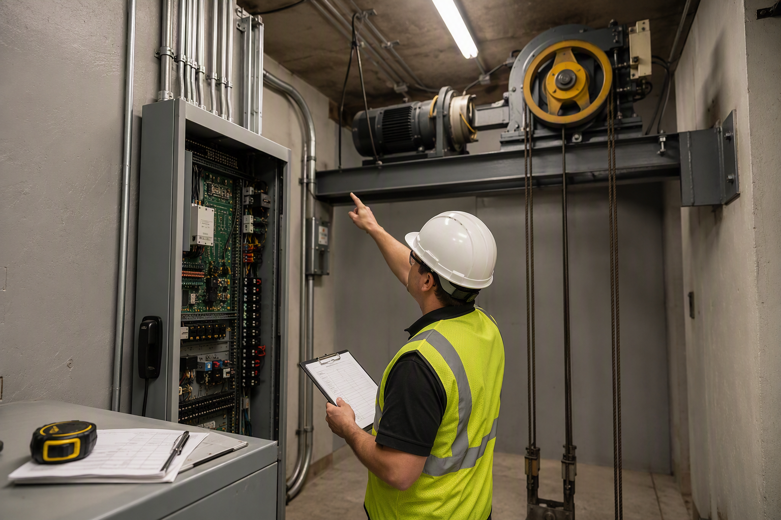 State-certified elevator inspector examining machine room controller and traction drive equipment during the Arizona elevator installation approval and inspection process
