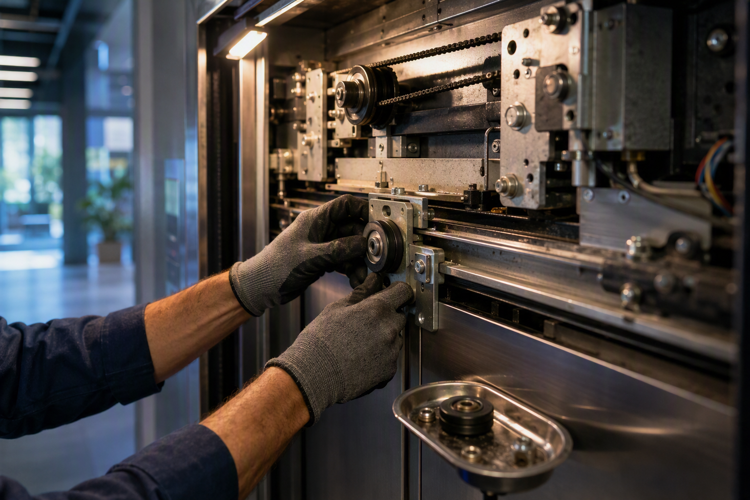 Elevator technician replacing worn door roller hanger during door malfunction repair at Scottsdale AZ commercial building — common elevator door system failure and repair cost scenario