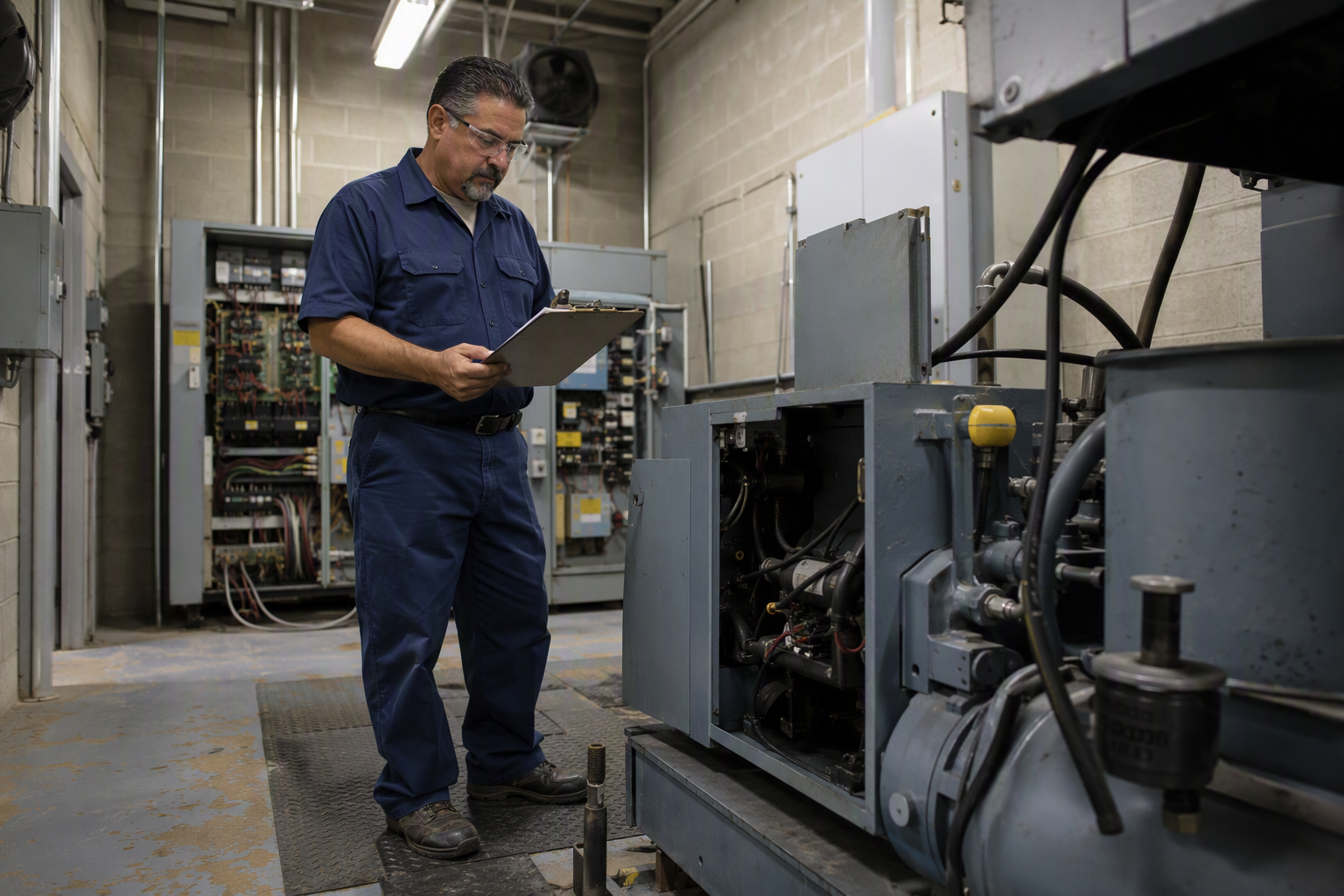 Elevator technician reviewing repair cost estimate on clipboard inside Phoenix AZ machine room — typical elevator repair cost assessment for motor and control system failures