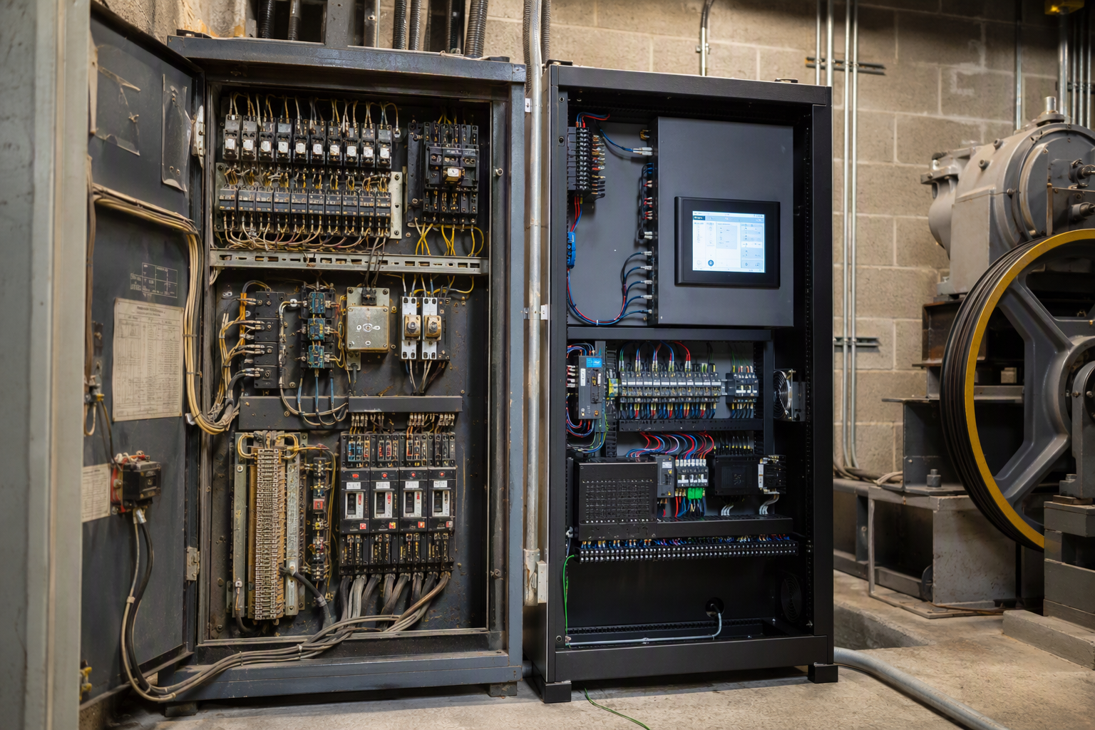 Elevator Controller: Legacy vs. Modernized Hardware Old relay-logic elevator controller beside a modern digital controller in a Phoenix machine room, illustrating the core hardware difference between elevator repair and modernization