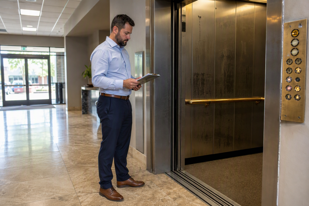 Building manager reviewing inspection report beside aging elevator cab in Phoenix AZ office lobby, evaluating whether to repair, modernize, or replace the unit