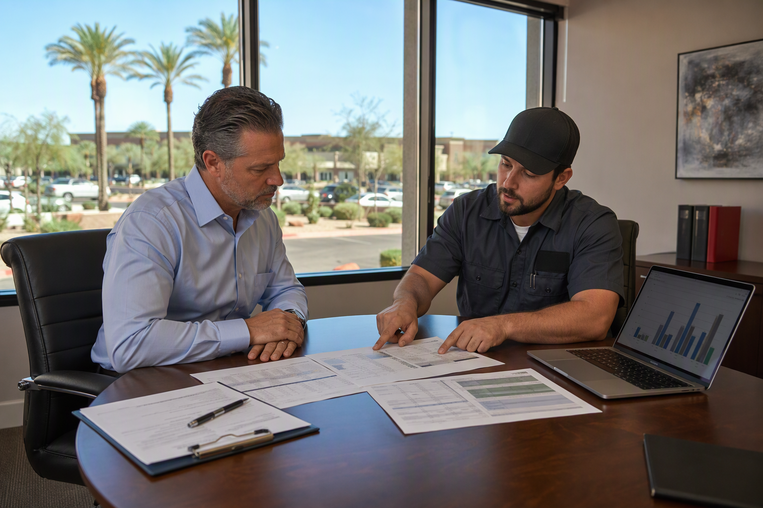 Cost and Compliance Review for Elevator Modernization Decision Elevator technician and building manager reviewing repair-versus-modernization cost comparison worksheets in a Scottsdale AZ property management office