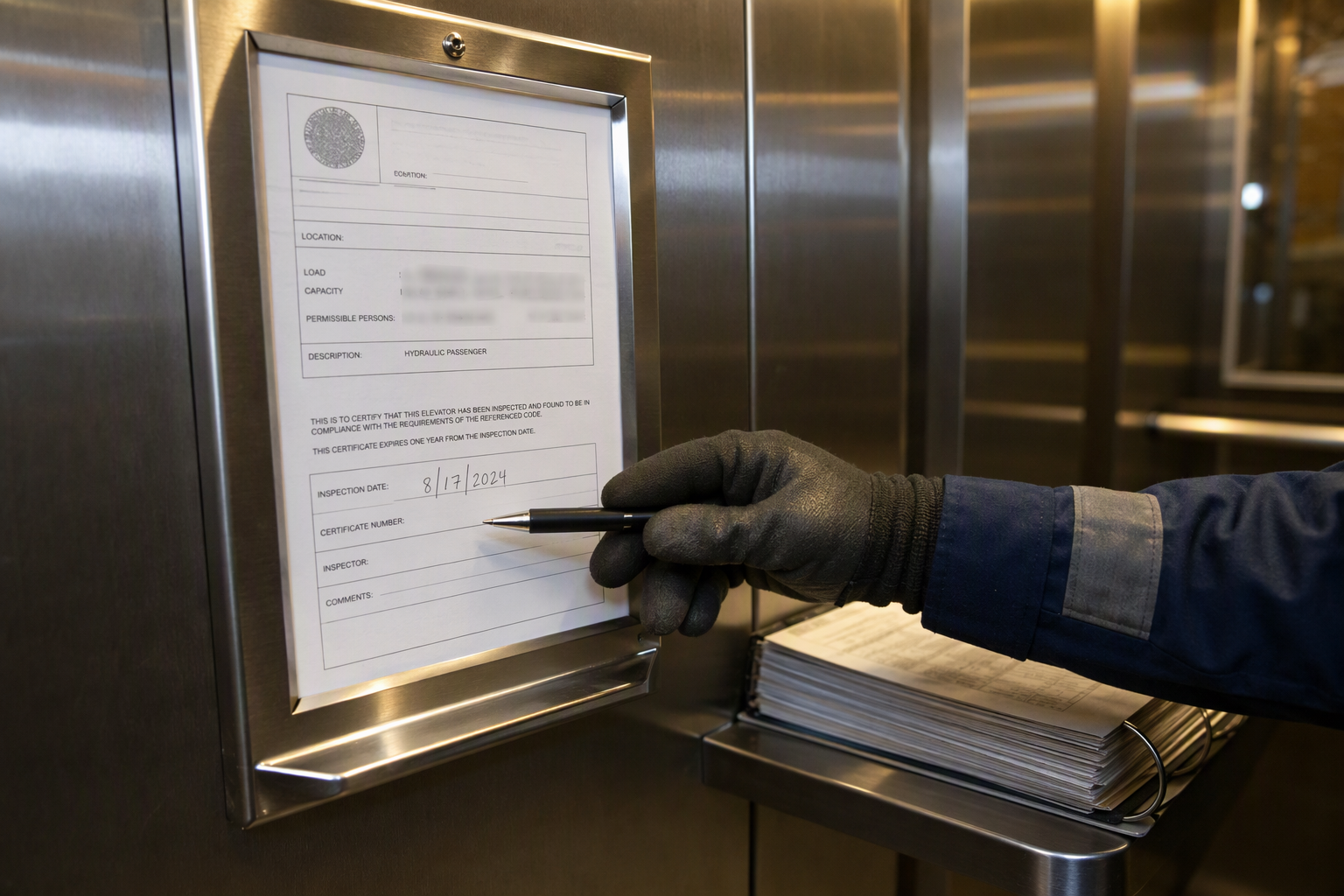 Elevator inspection certificate mounted inside an assisted living facility elevator cab in Arizona, with a maintenance log — key documents for reducing elevator liability risk.