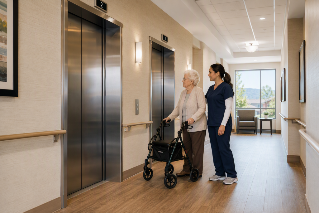 Senior living facility elevator lobby in Arizona with stainless steel doors, large-print controls, and a resident using a rollator walker — illustrating elevator accessibility and liability risks.