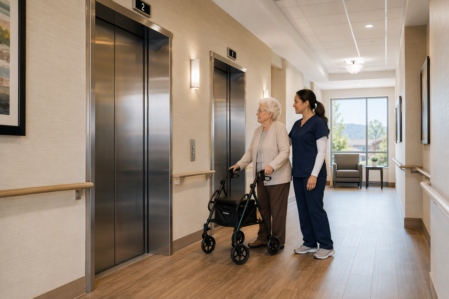 Senior living facility elevator lobby in Arizona with stainless steel doors, large-print controls, and a resident using a rollator walker — illustrating elevator accessibility and liability risks.