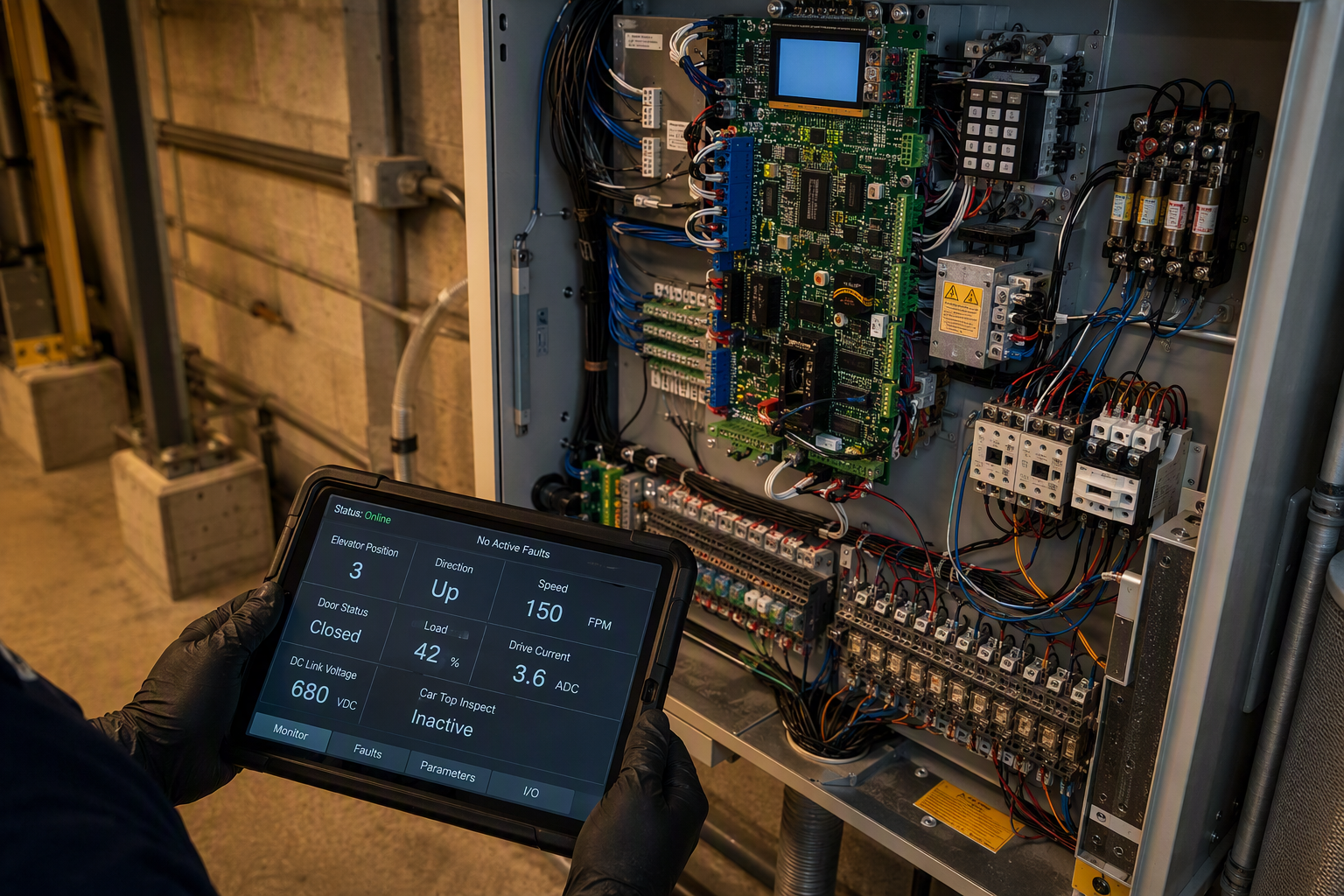 Elevator technician reviewing controller diagnostics in a machine room, representing documented maintenance history that strengthens contract negotiation leverage